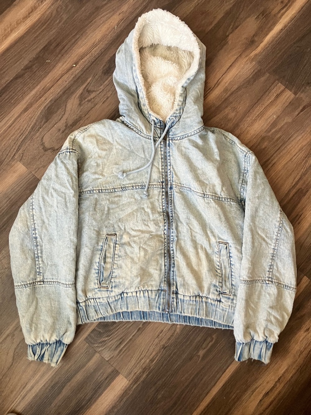 American Eagle Sherpa Lined Denim Jacket Womens Small S Blue Hooded Bomber Coat